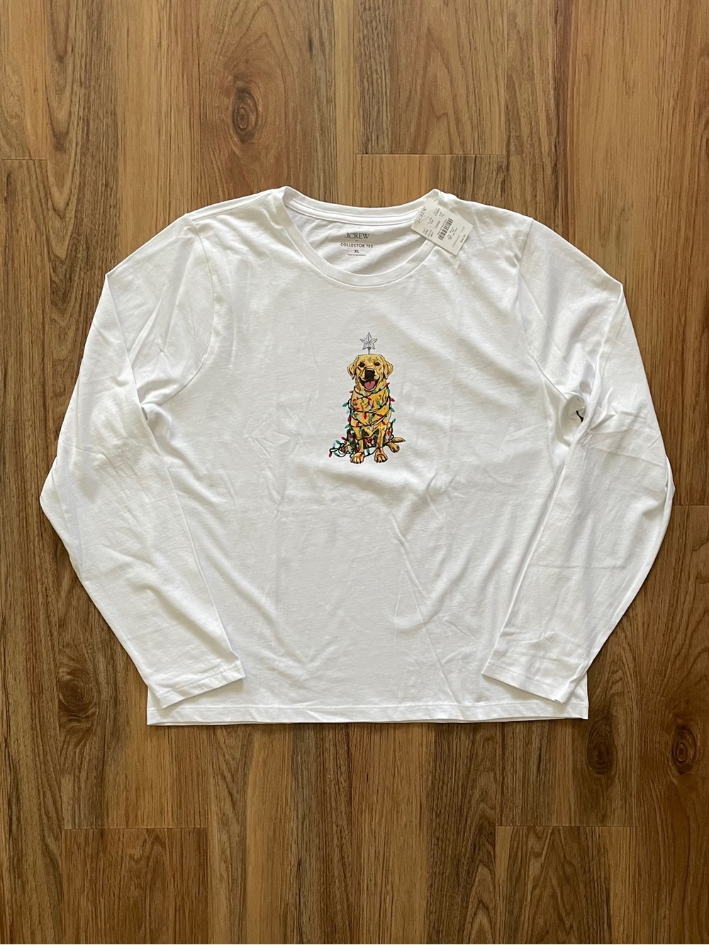 J Crew White Long Sleeve Tee with Festive Golden Retriever Graphic